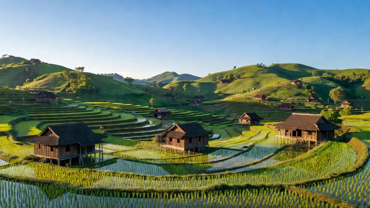 Phong cảnh xã Tân Hiệp, huyện Yên Thế, tỉnh Bắc Giang với đồi núi và ruộng bậc thang.