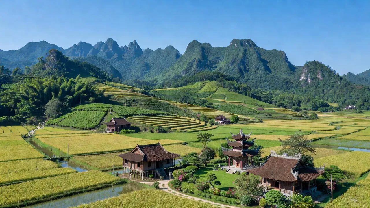 Cảnh đẹp tỉnh Bắc Giang với núi, đồng bằng và kiến trúc truyền thống Việt Nam.