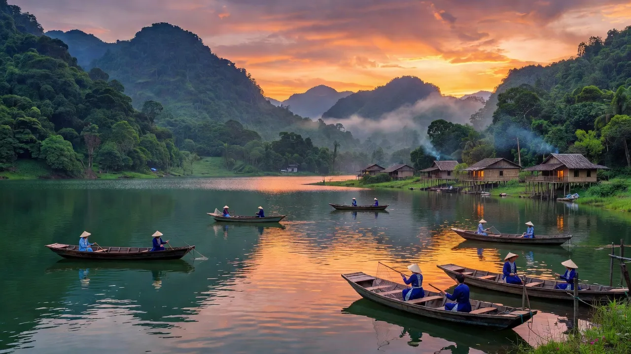 Cảnh sắc huyện Ba Bể, Bắc Kạn với hồ Ba Bể và núi non hùng vĩ, thiên nhiên tươi đẹp.