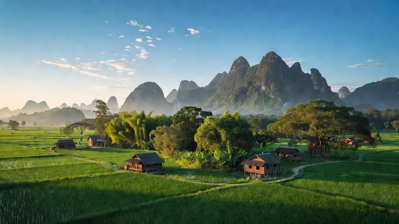 Khung cảnh thiên nhiên xã Bành Trạch, huyện Ba Bể, Bắc Kạn với núi non và cánh đồng xanh.