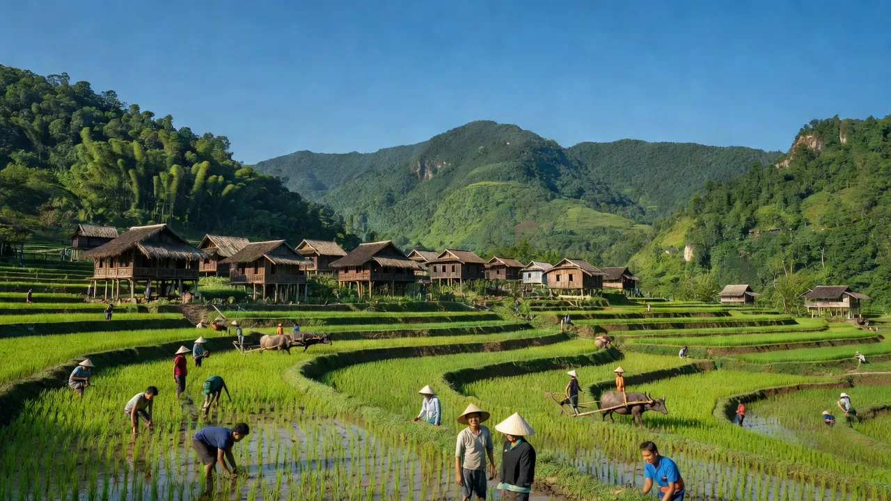Khung cảnh Xã Khang Ninh huyện Ba Bể Bắc Kạn với cánh đồng xanh và nhà sàn truyền thống.