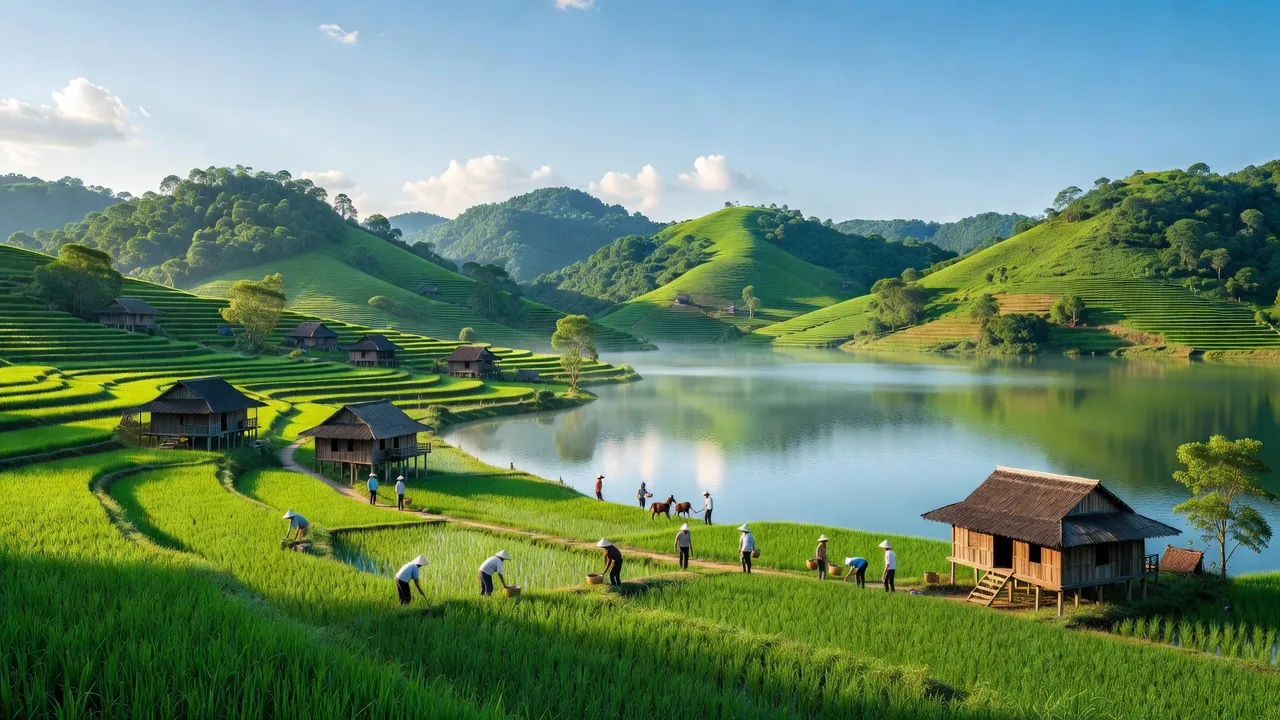 Cảnh quan xã Nam Mẫu, huyện Ba Bể, Bắc Kạn với hồ Ba Bể và ruộng bậc thang xanh.