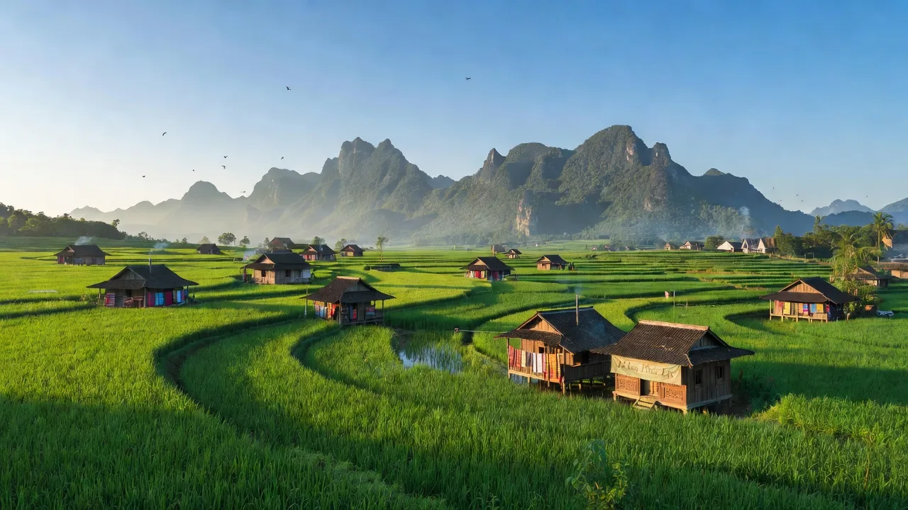 Khung cảnh nông thôn xã Phúc Lộc, huyện Ba Bể, Bắc Kạn với cánh đồng xanh và núi non.