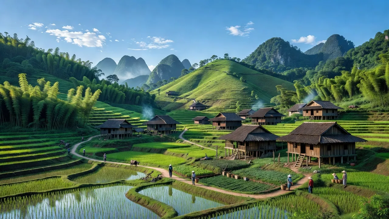 Khung cảnh Xã Quảng Khê với những ngọn đồi xanh mướt và nhà sàn truyền thống ở Bắc Kạn.