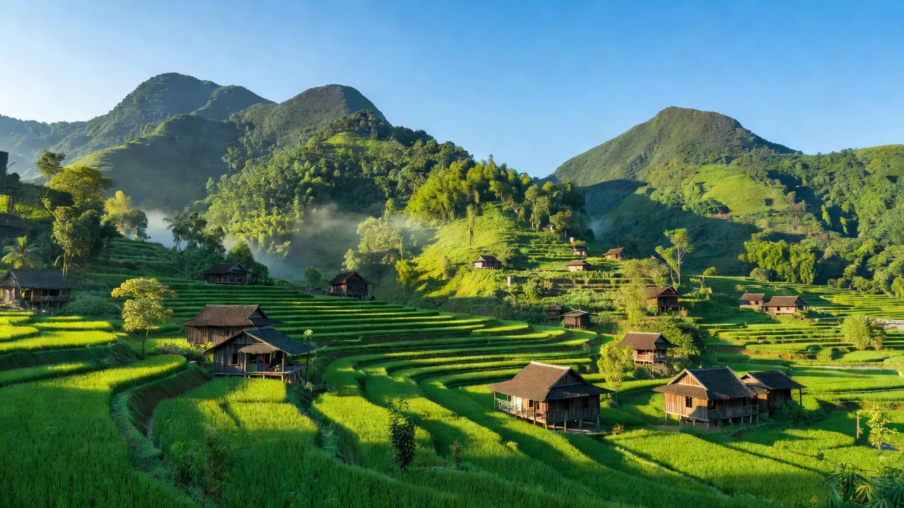 Cảnh quan xã Yến Dương, huyện Ba Bể, Bắc Kạn với núi rừng và đồng ruộng xanh tươi.