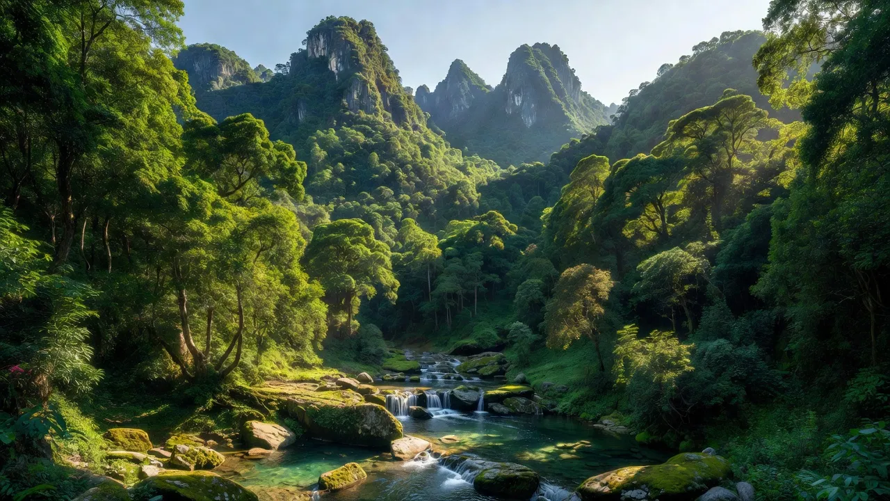 Cảnh thiên nhiên huyện Bạch Thông, Bắc Kạn với núi non, rừng cây và dòng suối trong xanh.