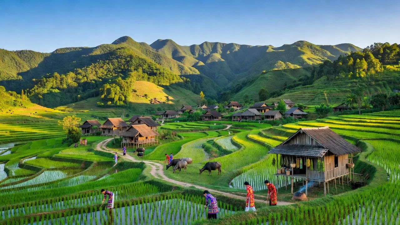 Khung cảnh huyện Bạch Thông, Bắc Kạn với núi xanh và làng quê truyền thống, mang đậm văn hóa địa phương.