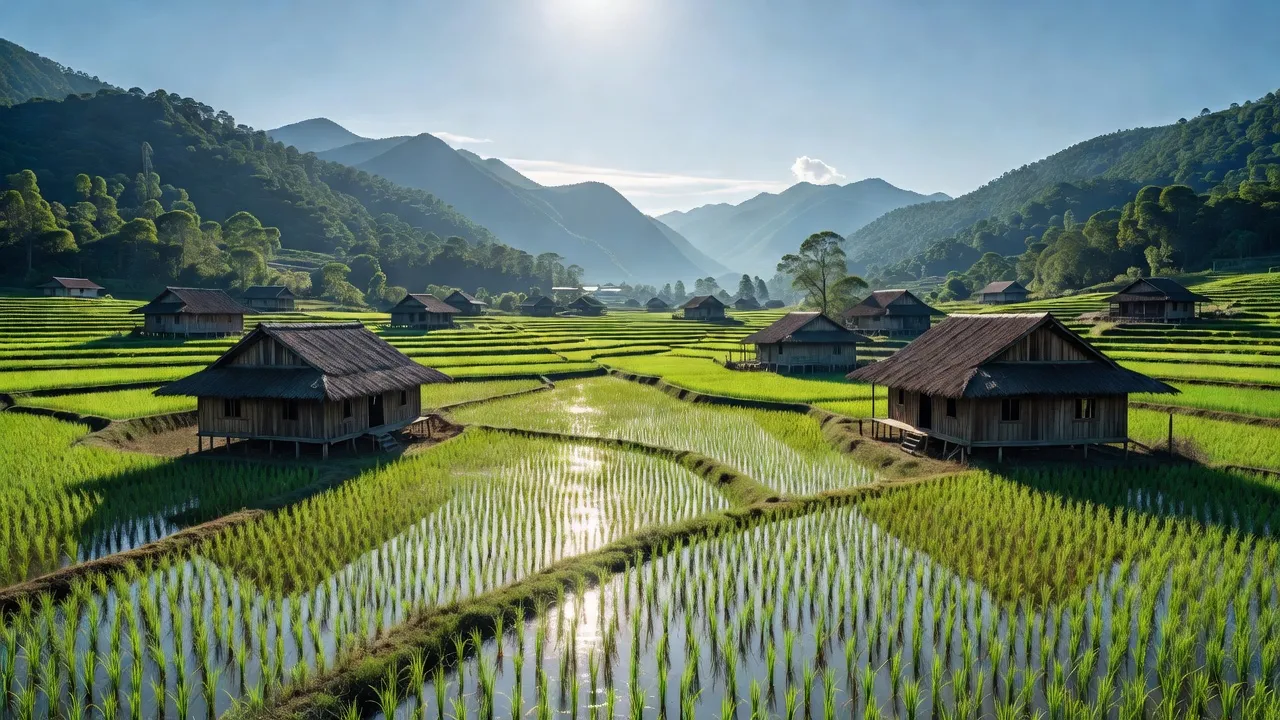 Cảnh đẹp xã Tân Tú, huyện Bạch Thông, Bắc Kạn với ruộng lúa xanh và nhà sàn truyền thống.