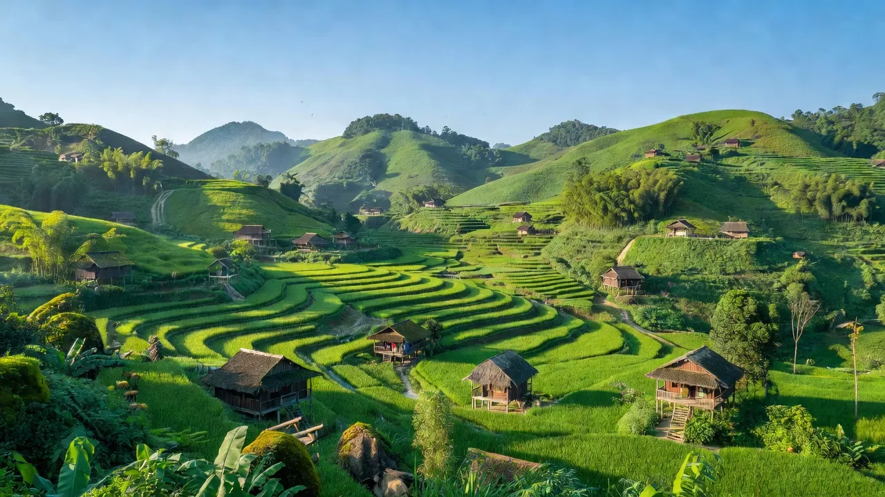 Cảnh đẹp huyện Chợ Đồn, Bắc Kạn với đồi núi và cánh đồng lúa xanh tươi.