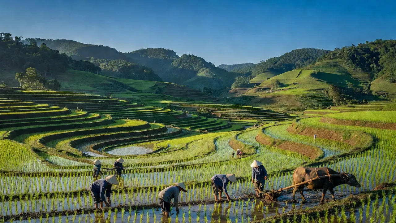 Quang cảnh huyện Chợ Đồn, Bắc Kạn với đồi núi xanh và ruộng lúa truyền thống.