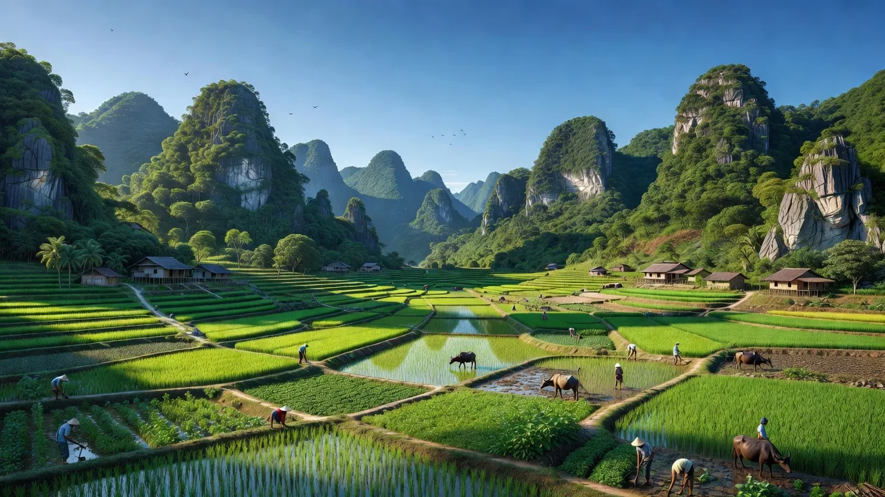 Khung cảnh xã Bằng Lãng, huyện Chợ Đồn, với đồi núi đá vôi và ruộng nông nghiệp xanh tươi.