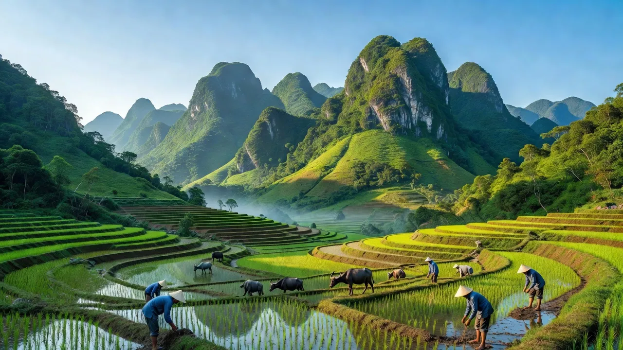 Phong cảnh xã Bằng Lãng huyện Chợ Đồn, Bắc Kạn với đồi núi đá vôi và cánh đồng nông nghiệp.