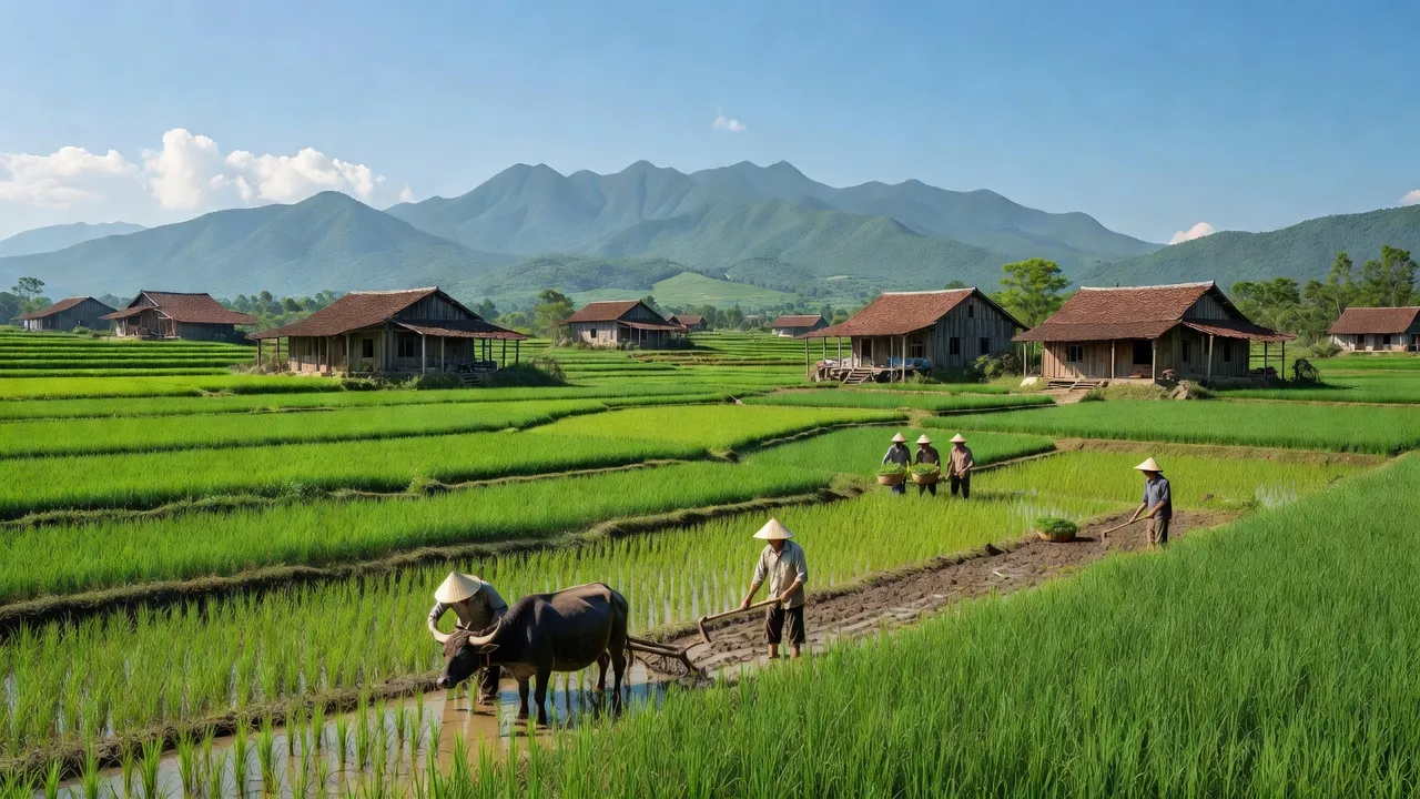 Cảnh đẹp xã Bình Trung, huyện Chợ Đồn, tỉnh Bắc Kạn với ruộng xanh và núi xa.