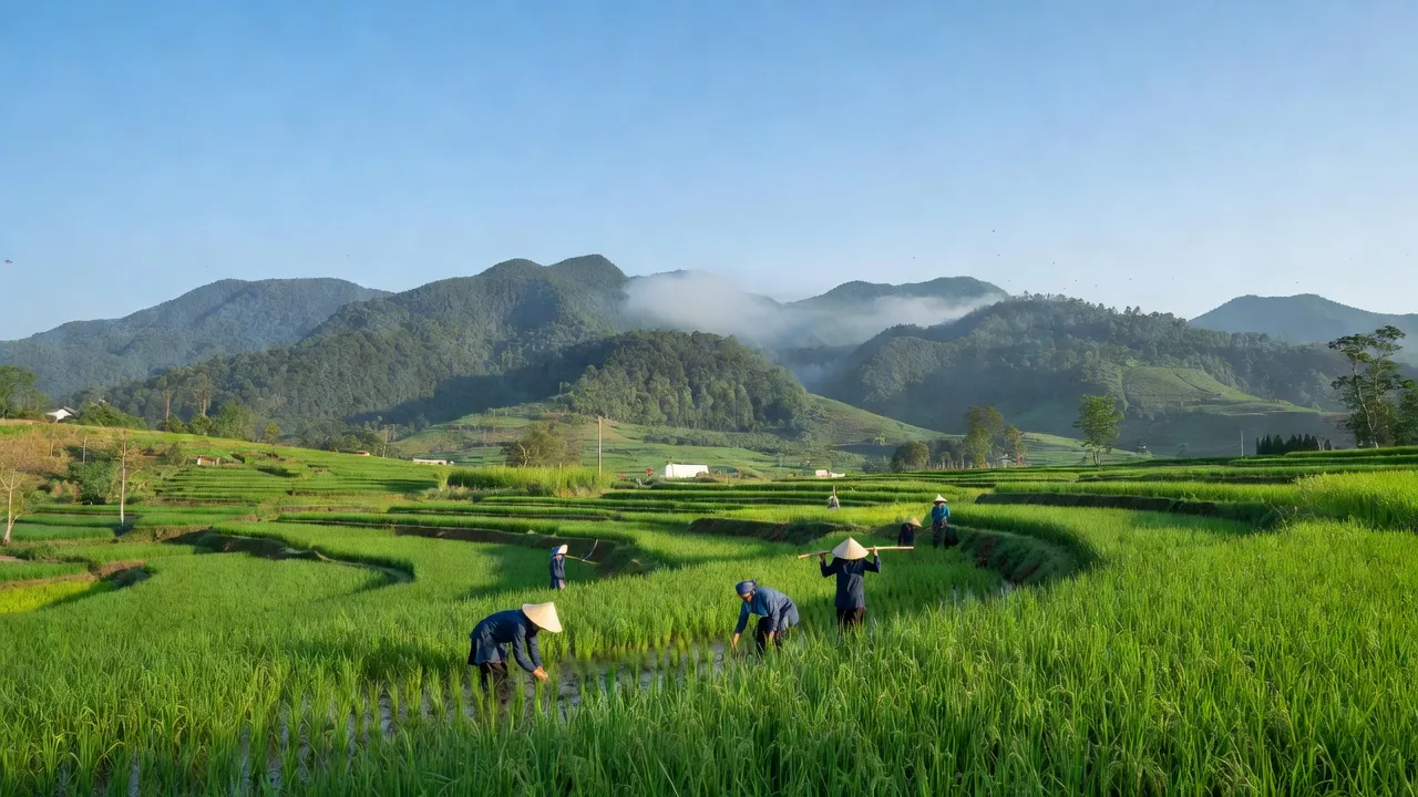 Phong cảnh xã Bình Trung, huyện Chợ Đồn, Bắc Kạn, với núi non, cánh đồng xanh và người dân lao động.