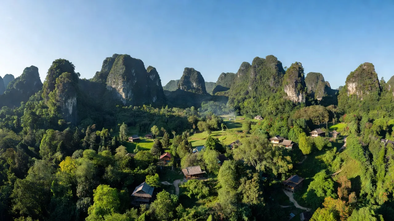 Khung cảnh đẹp của xã Nam Cường, huyện Chợ Đồn, tỉnh Bắc Kạn với đồi núi và rừng xanh.