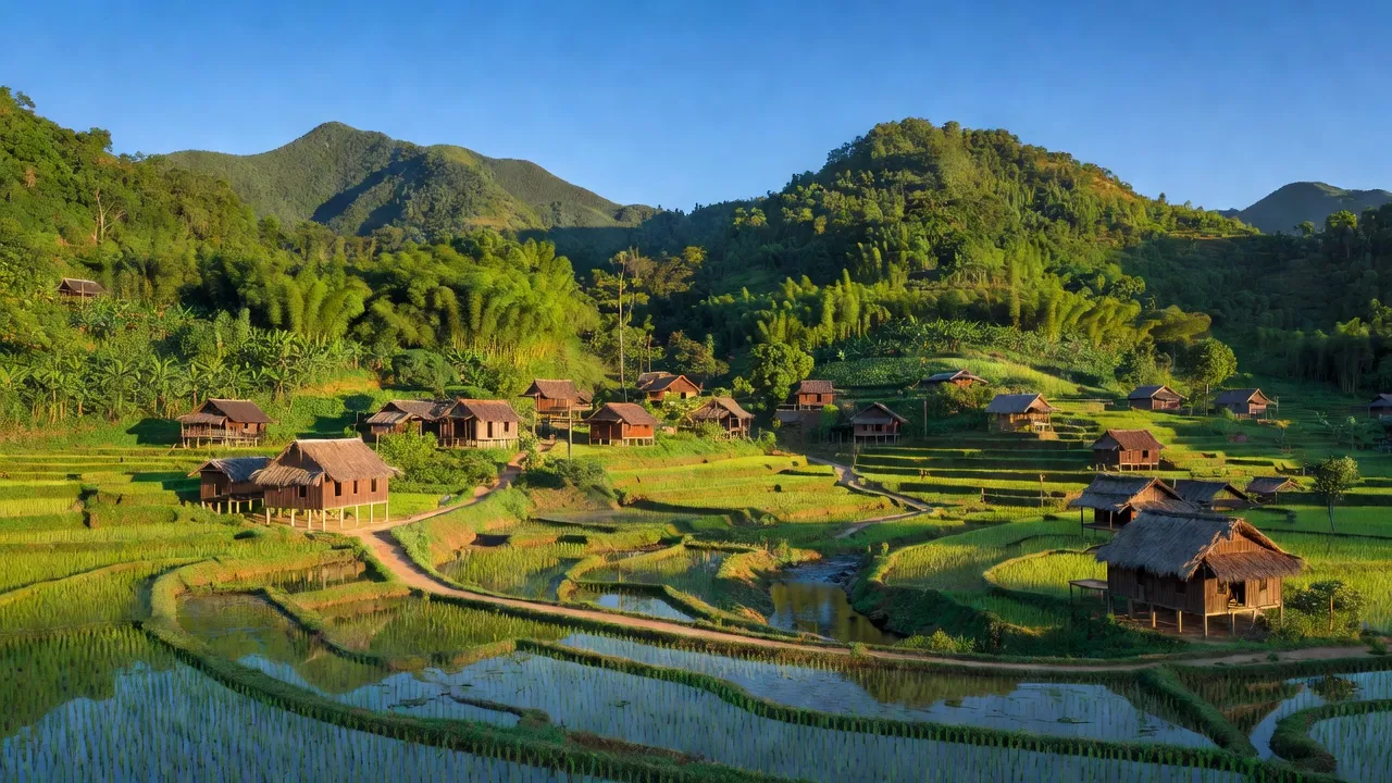 Bức tranh phong cảnh xã Nghĩa Tá, huyện Chợ Đồn, tỉnh Bắc Kạn với núi non xanh tươi.