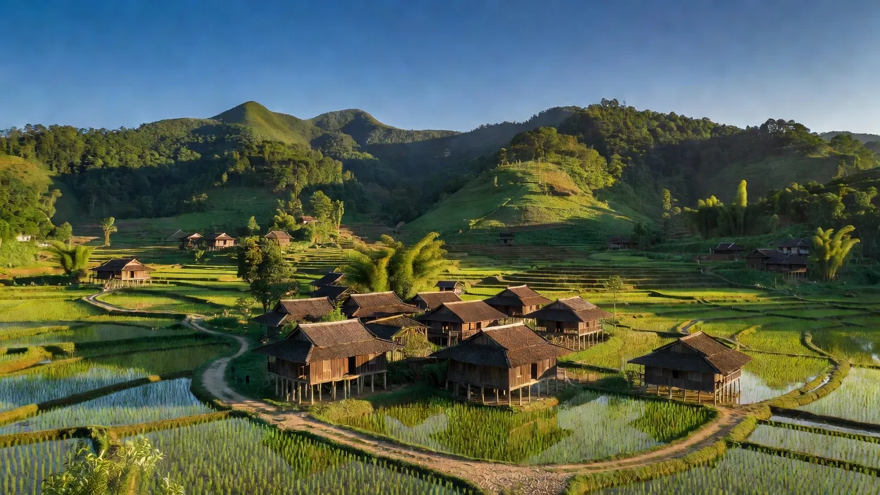 Toàn cảnh xã Nghĩa Tá ở huyện Chợ Đồn, Bắc Kạn với núi non xanh tươi và nhà truyền thống.