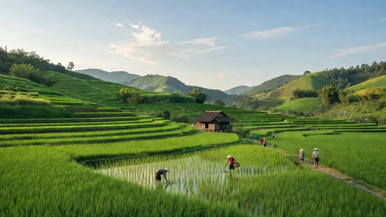 Cảnh đẹp xã Xuân Lạc, huyện Chợ Đồn, tỉnh Bắc Kạn với cánh đồng xanh và ngôi nhà truyền thống.