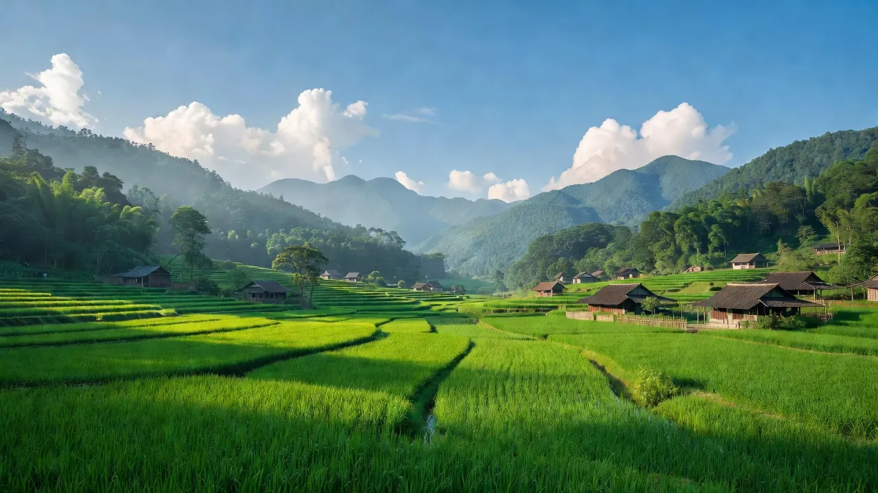 Khung cảnh yên bình xã Xuân Lạc, huyện Chợ Đồn, tỉnh Bắc Kạn với cánh đồng xanh và nhà truyền thống.