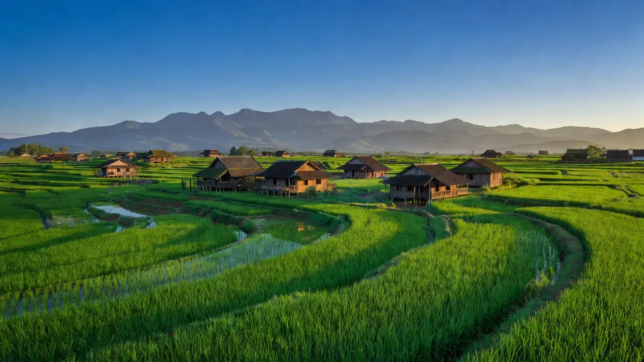 Cảnh sắc Yên Mỹ, huyện Chợ Đồn, Bắc Kạn với đồng lúa xanh và núi non hùng vĩ.