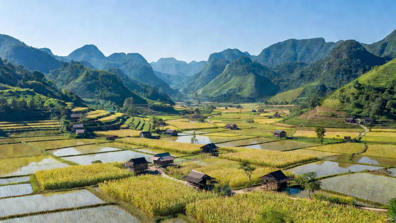 Khung cảnh Huyện Chợ Mới với đồi núi và cánh đồng trồng lúa, ngô ở Bắc Kạn.