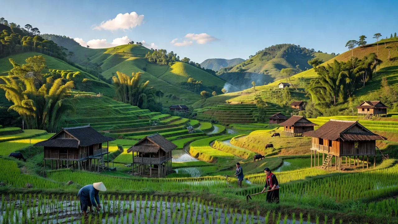 Cảnh sắc tuyệt đẹp huyện Na Rì, Bắc Kạn với đồi núi xanh tươi và thung lũng yên bình.