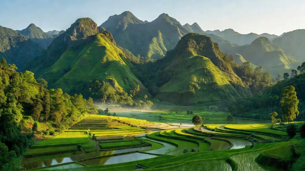 Cảnh đẹp xã Côn Minh, huyện Na Rì, Bắc Kạn với núi non và ruộng lúa xanh tươi.
