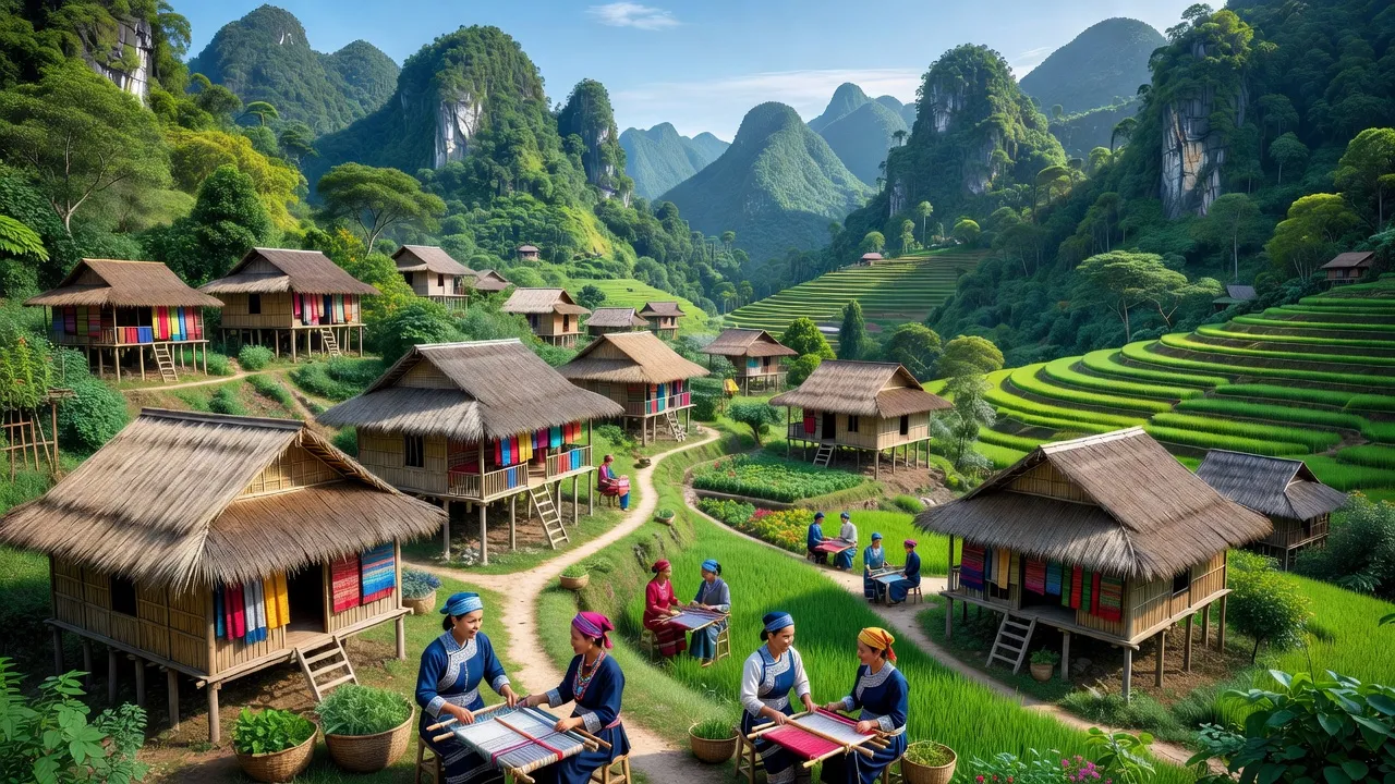 Khung cảnh Xã Kim Hỷ, huyện Na Rì, Bắc Kạn với nhà sàn và thiên nhiên xanh tươi.