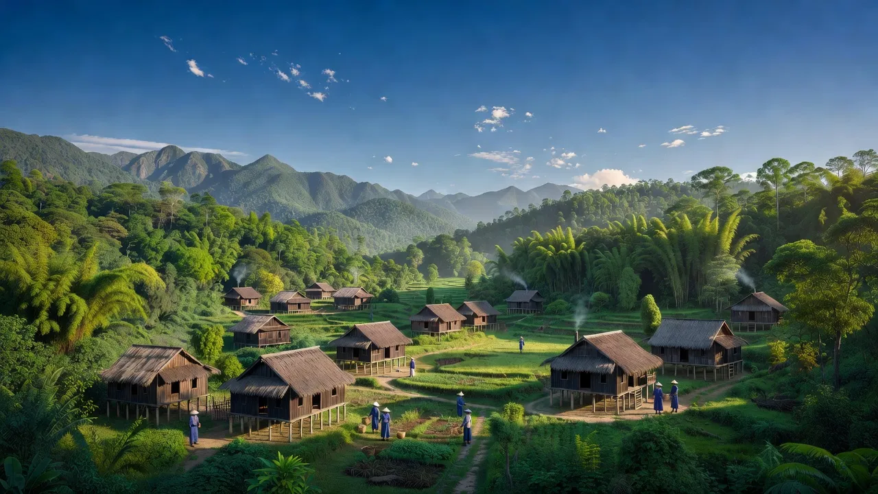 Khung cảnh xã Kim Hỷ, Na Rì, Bắc Kạn với nhà sàn và thiên nhiên tươi đẹp, mang nét văn hóa đặc trưng.