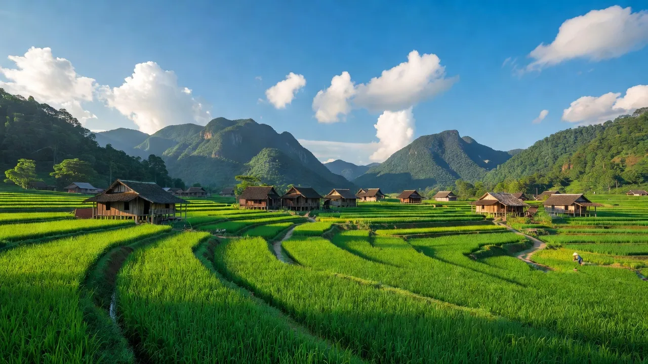 Khung cảnh xã Văn Minh, huyện Na Rì, tỉnh Bắc Kạn với cánh đồng xanh và nhà gỗ truyền thống.