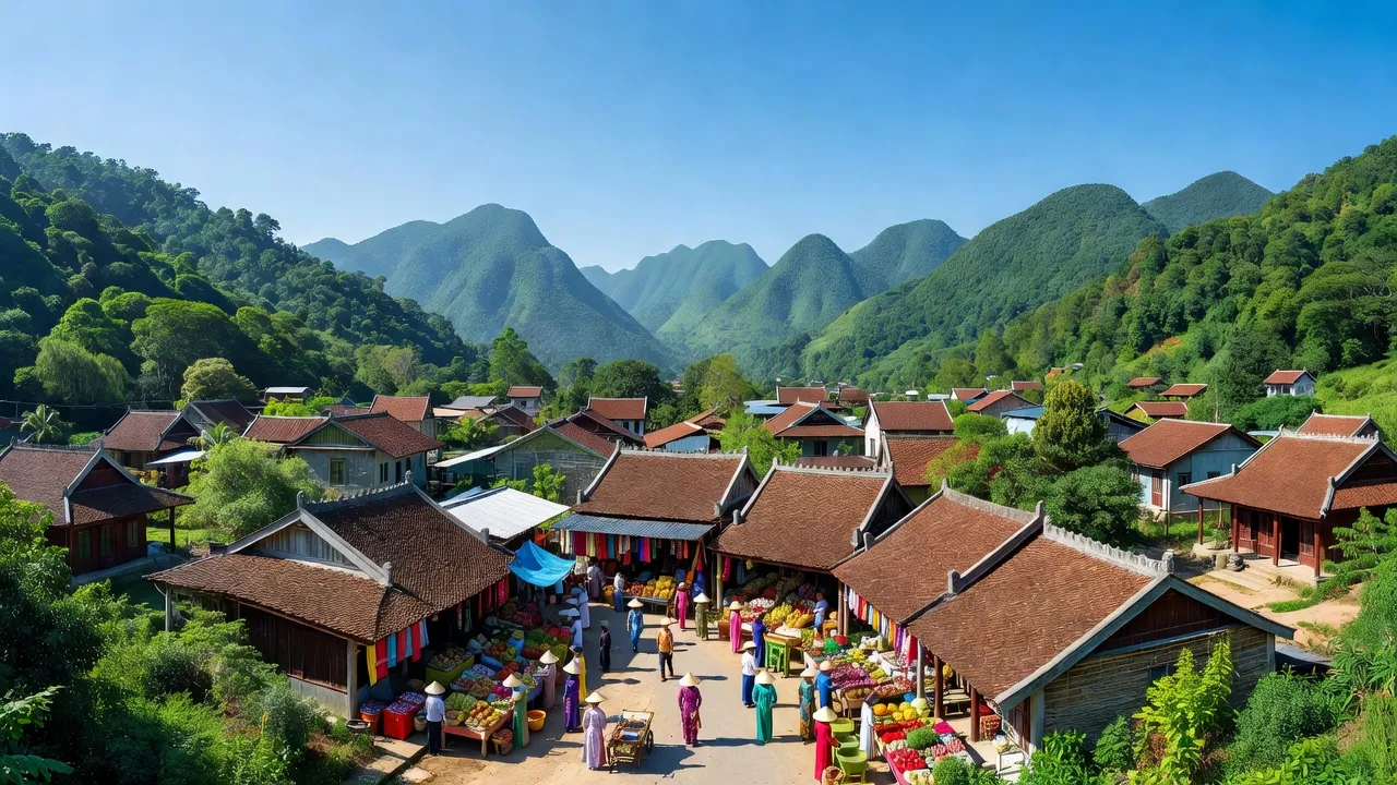 Khung cảnh Thị trấn Yến Lạc, huyện Na Rì, tỉnh Bắc Kạn, với núi non xanh tươi và hoạt động chợ địa phương.