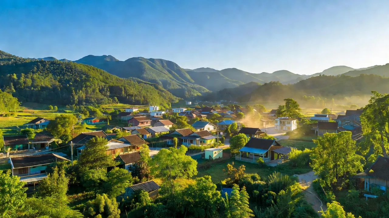 Thị trấn Yến Lạc, huyện Na Rì, Bắc Kạn với cảnh sắc thiên nhiên hùng vĩ và nhà cửa truyền thống.