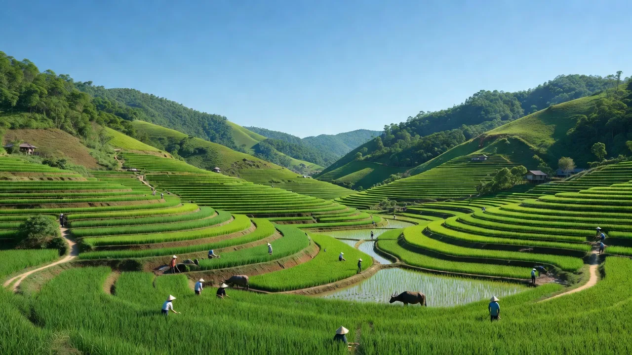 Cảnh đẹp xã Hiệp Lực, huyện Ngân Sơn với ruộng bậc thang và núi xanh, Bắc Kạn.