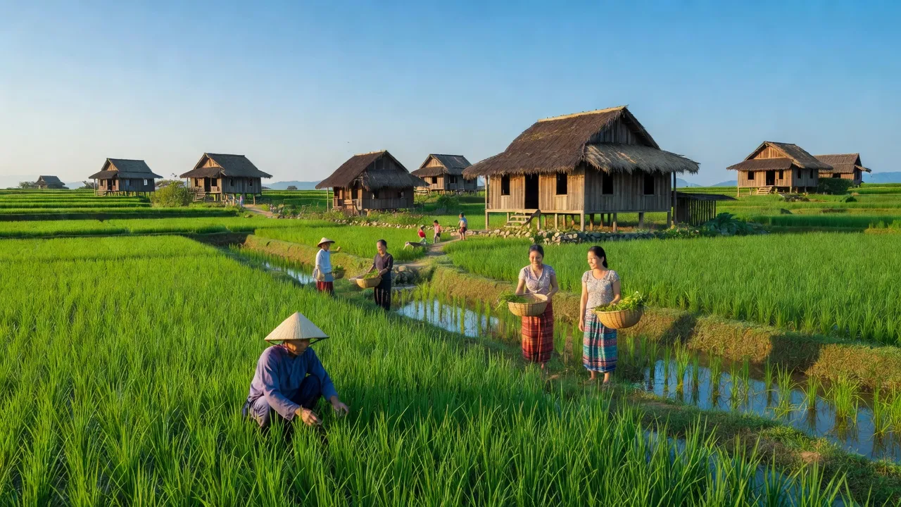 Cảnh quan Xã Hiệp Lực, huyện Ngân Sơn, tỉnh Bắc Kạn với ruộng bậc thang xanh tươi.