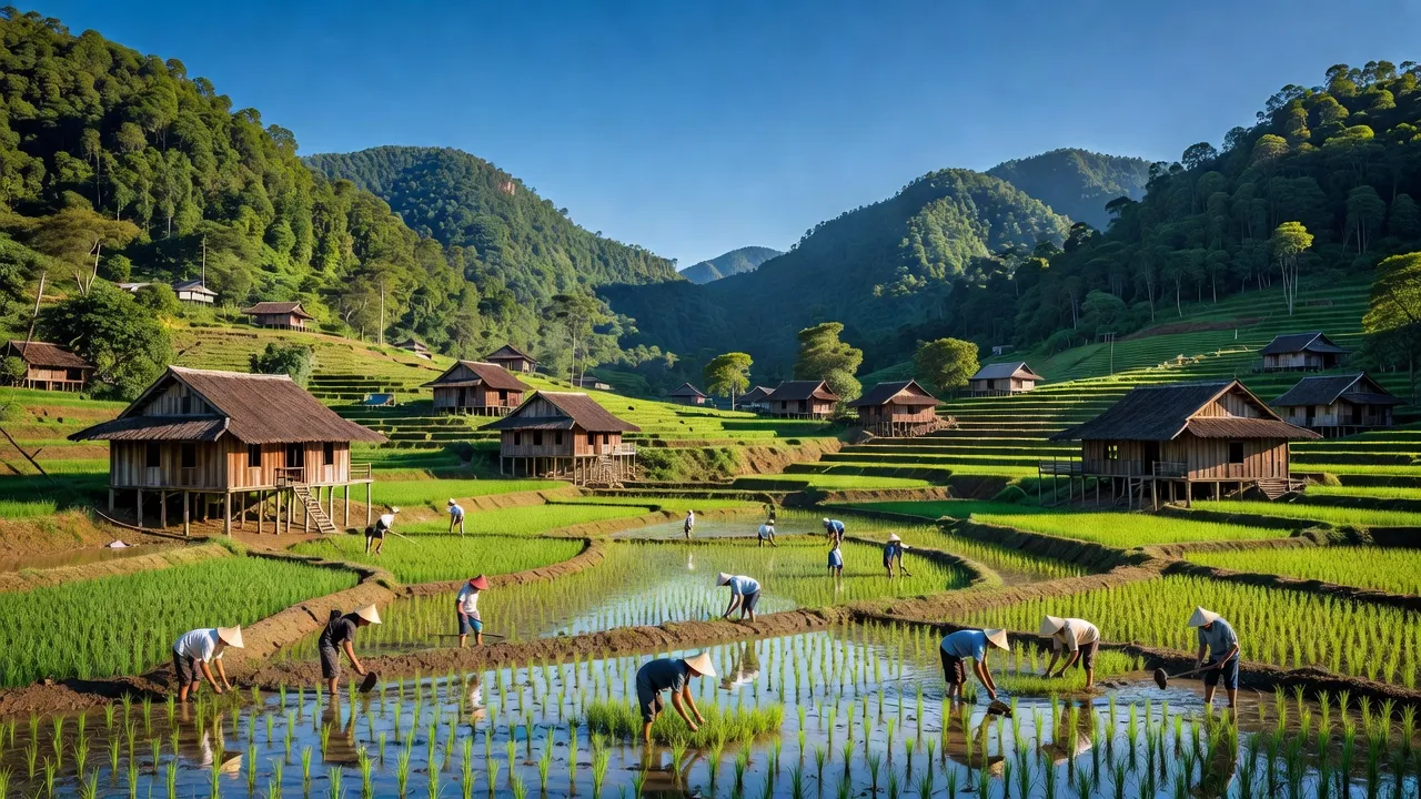Cảnh làng Thuần Mang, huyện Ngân Sơn, Bắc Kạn, với những cánh đồng xanh và nhà gỗ truyền thống.