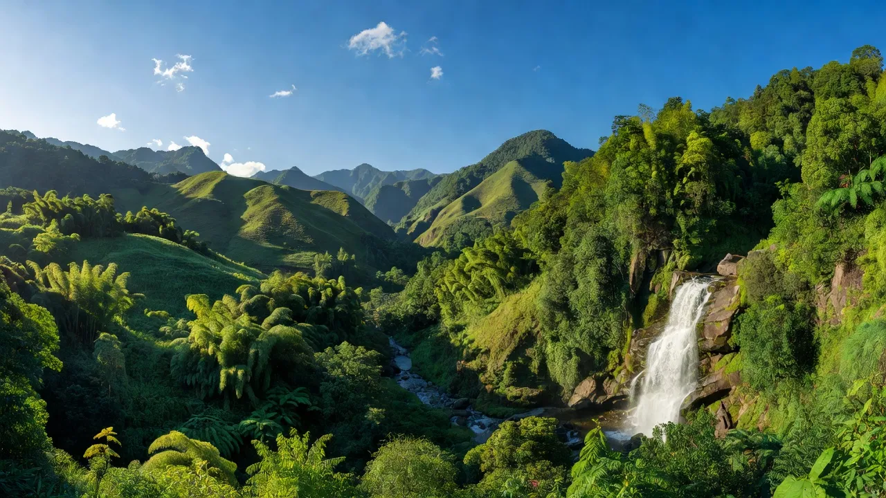Cảnh quan huyện Pác Nặm, Bắc Kạn với thung lũng và đồi núi xanh tươi, đẹp tự nhiên.