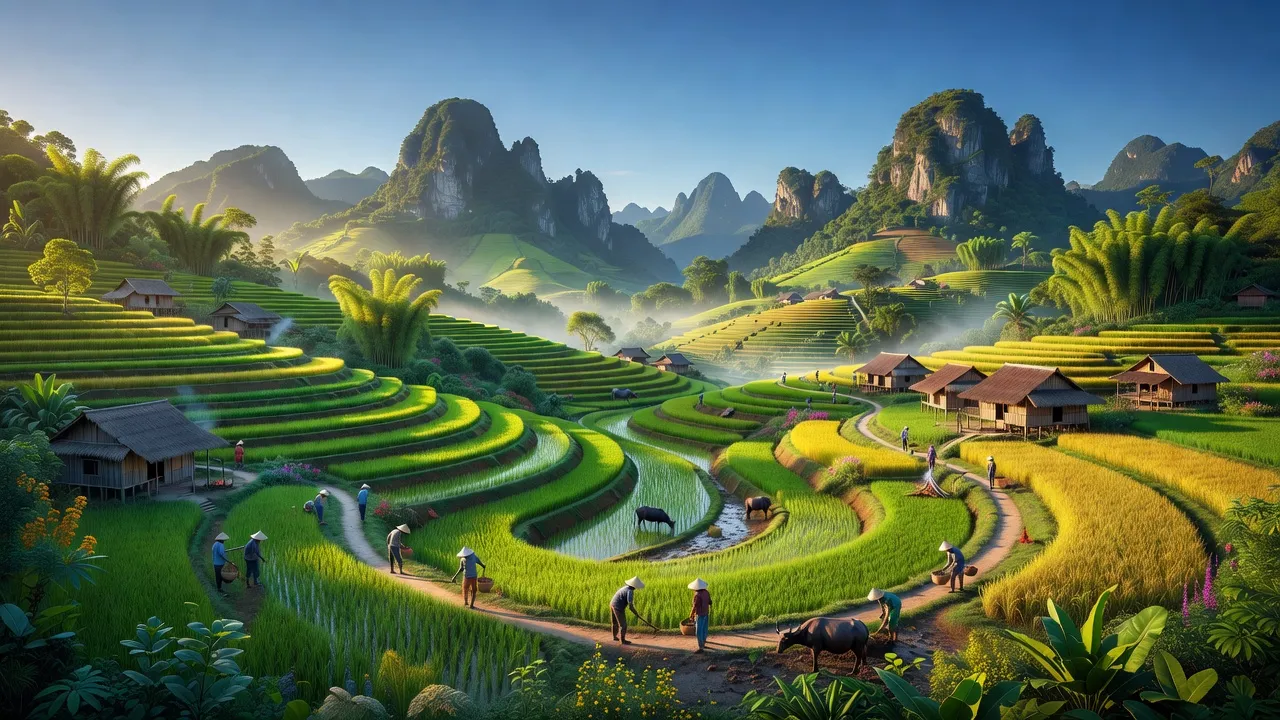 Khung cảnh huyện Pác Nặm, Bắc Kạn với thung lũng xanh và núi cao, thể hiện đời sống nông nghiệp.