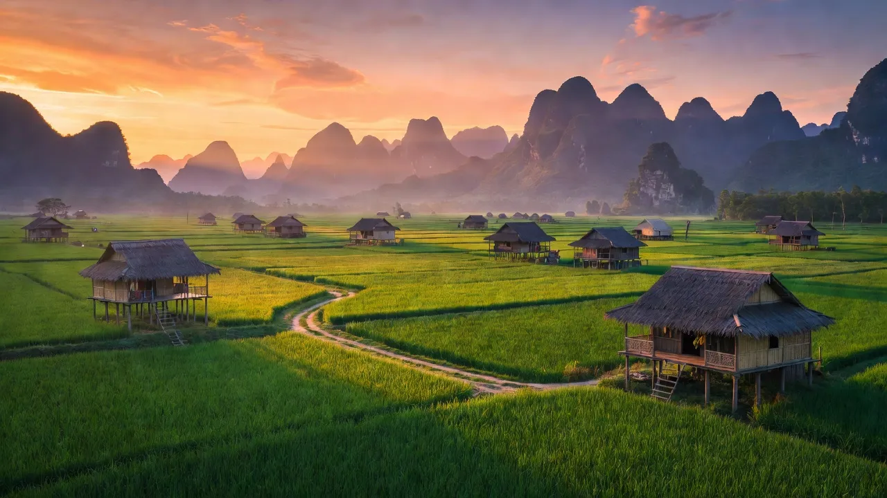 Cảnh quan yên bình ở Xã Bằng Thành, Huyện Pác Nặm, Tỉnh Bắc Kạn với đồi núi và nhà sàn.