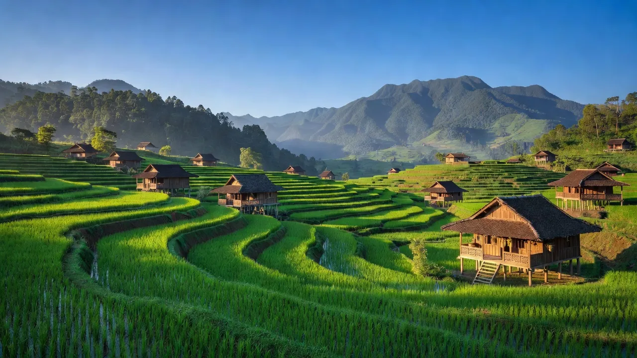 Xã Nghiên Loan in Huyện Pác Nặm, Bắc Kạn with terraced fields and mountains, natural beauty vibrant.