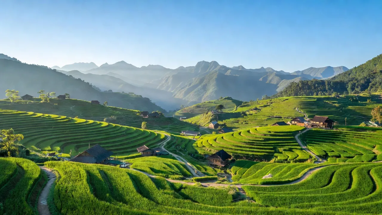 Khung cảnh núi non và ruộng bậc thang tại xã Xuân La, huyện Pác Nặm, Bắc Kạn, Việt Nam