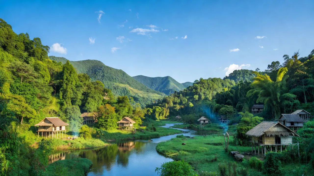 Khung cảnh thiên nhiên tỉnh Bắc Kạn với núi xanh, rừng rậm và nhà sàn dân tộc thiểu số.