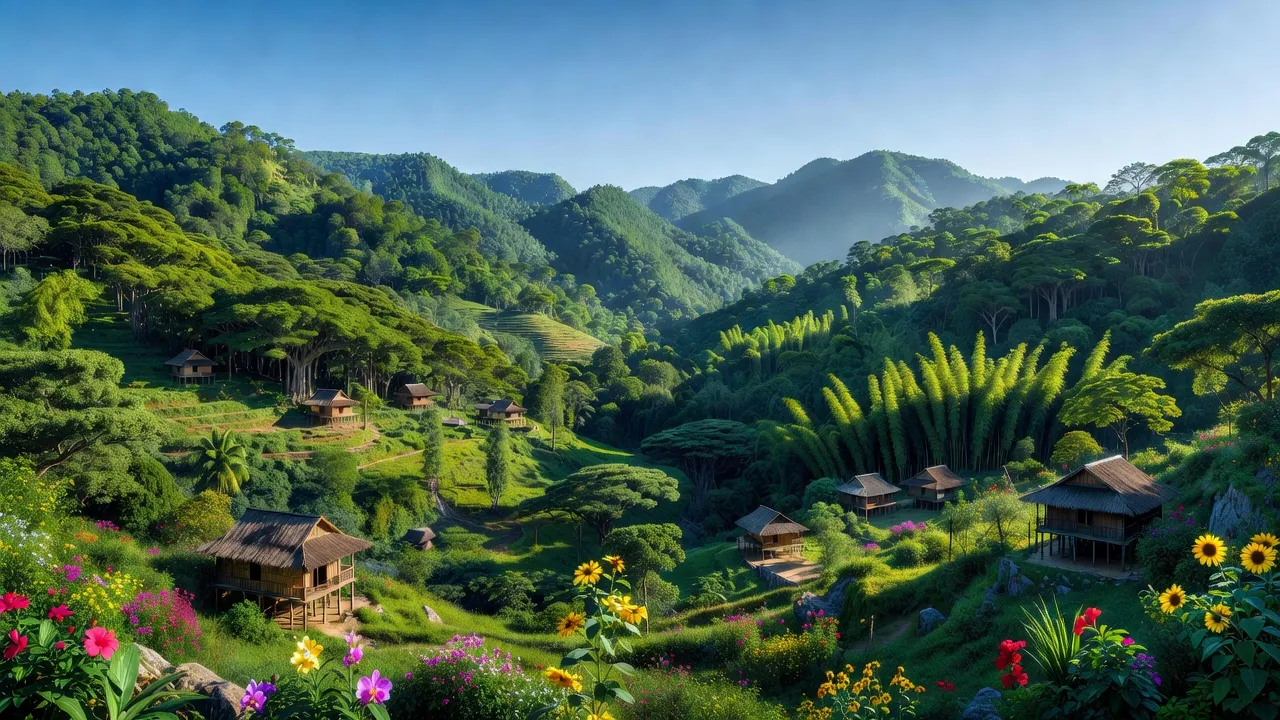Khung cảnh tỉnh Bắc Kạn với núi xanh, rừng rậm và nhà truyền thống giữa thiên nhiên hoang sơ.