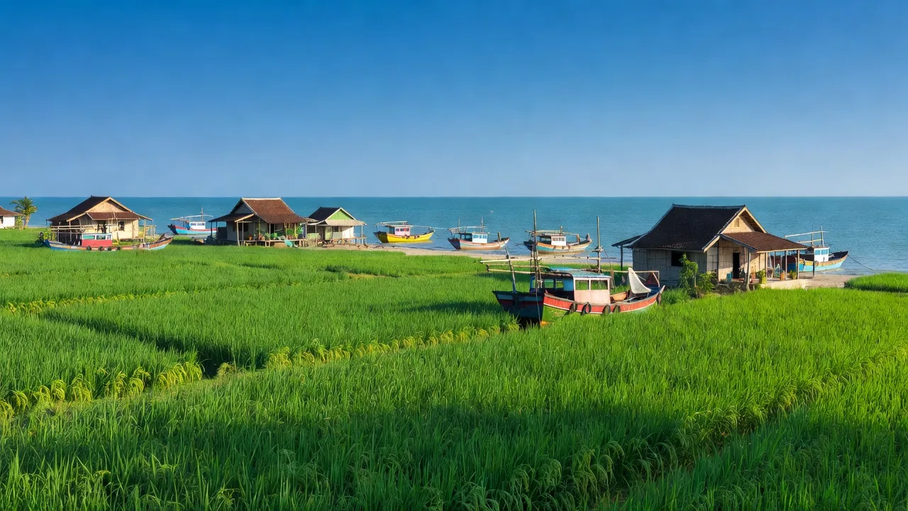 Cảnh đẹp tỉnh Bạc Liêu, ruộng xanh, bờ biển yên bình, nhà cổ và thuyền đánh cá.