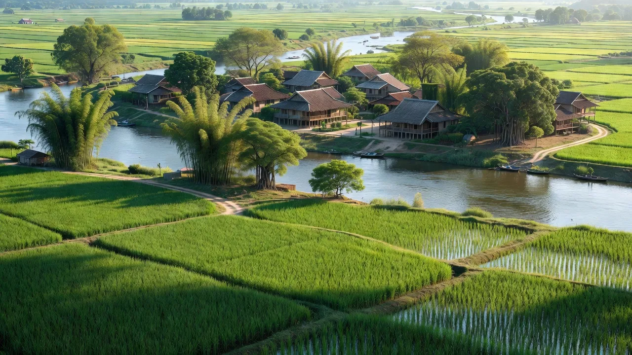 Cảnh quan Huyện Lương Tài, Bắc Ninh với cánh đồng xanh và sông Thái Bình.