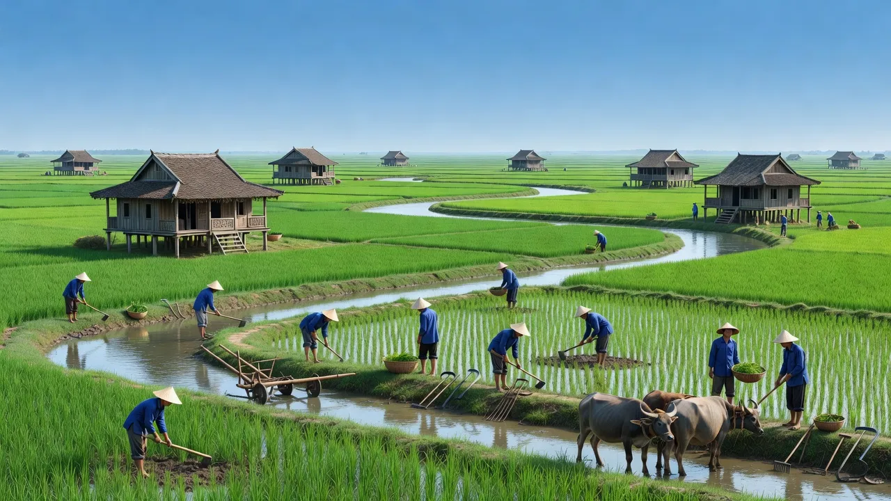 Cảnh quan huyện Lương Tài, tỉnh Bắc Ninh với cánh đồng xanh, sông và kiến trúc truyền thống.