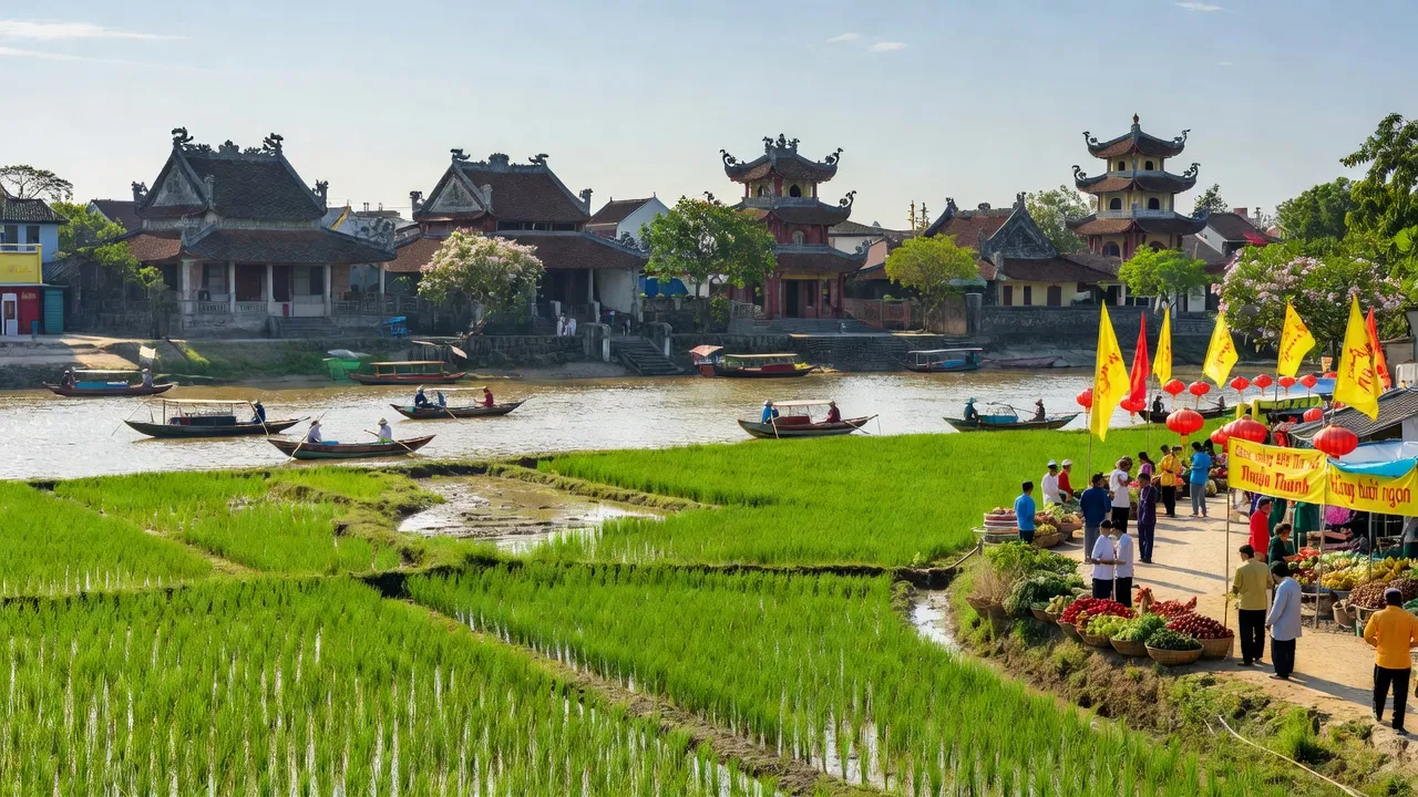Khung cảnh thị xã Thuận Thành ở Bắc Ninh với sông Đuống và kiến trúc truyền thống Việt Nam.