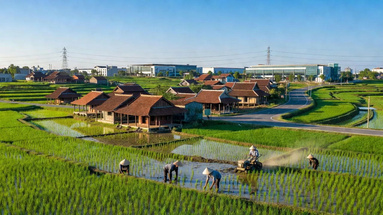 Khung cảnh huyện Tiên Du, Bắc Ninh với cánh đồng xanh và nhà truyền thống Việt Nam.