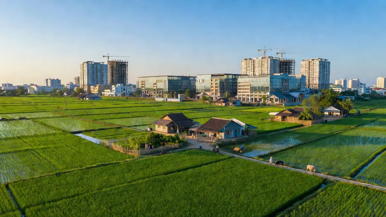 Khung cảnh huyện Tiên Du, Bắc Ninh với nông thôn xanh tươi và đô thị hiện đại, tỏa sáng dưới ánh nắng.