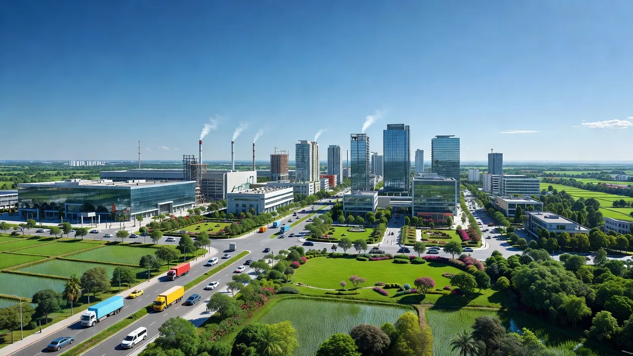 Quang cảnh huyện Yên Phong, Bắc Ninh với khu công nghiệp hiện đại và thiên nhiên tươi đẹp.