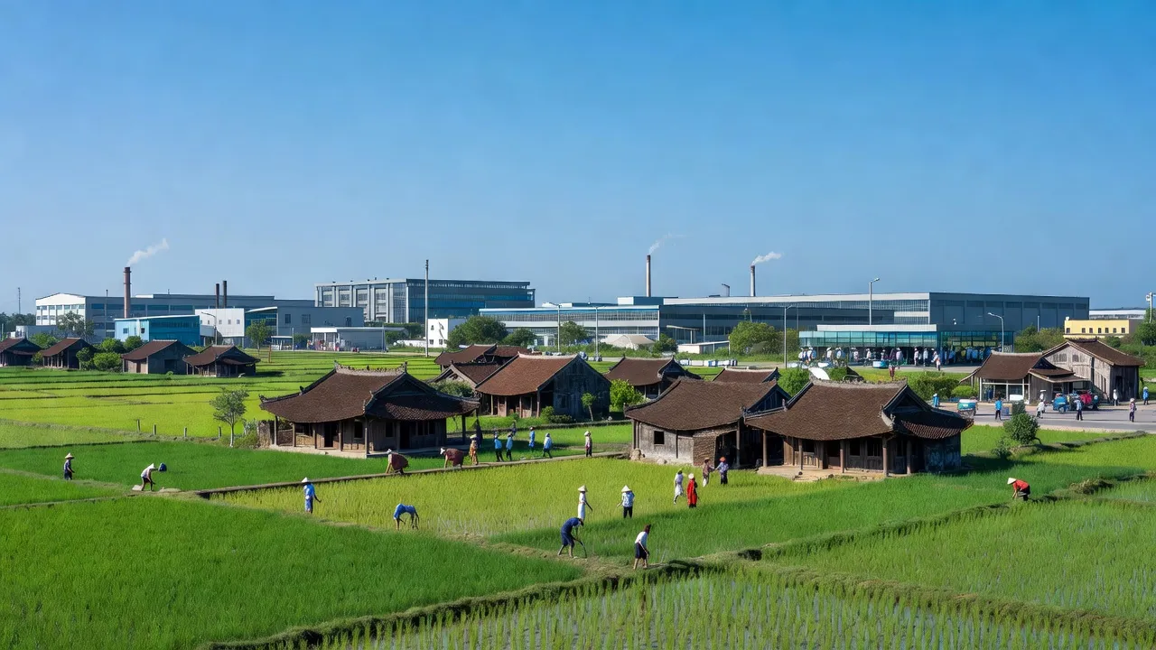 Cảnh đẹp tỉnh Bắc Ninh, nơi có cánh đồng xanh và khu công nghiệp hiện đại, thể hiện sự phát triển.